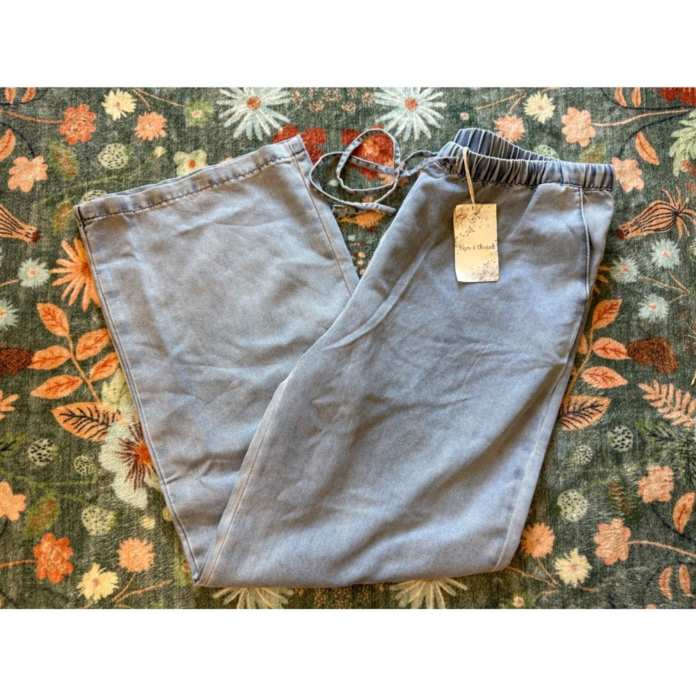 Hem & Thread Women Blue Wide Leg Tencel Blend Drawstring Pants Style 38294‎